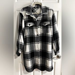 Flannel Shacket. Oversized, Longer,Black & white with Button cuff pouf sleeves.